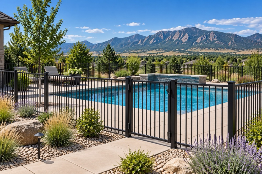 Black flat-top aluminum pool fence and self-closing gate around a backyard pool with the foothills behind