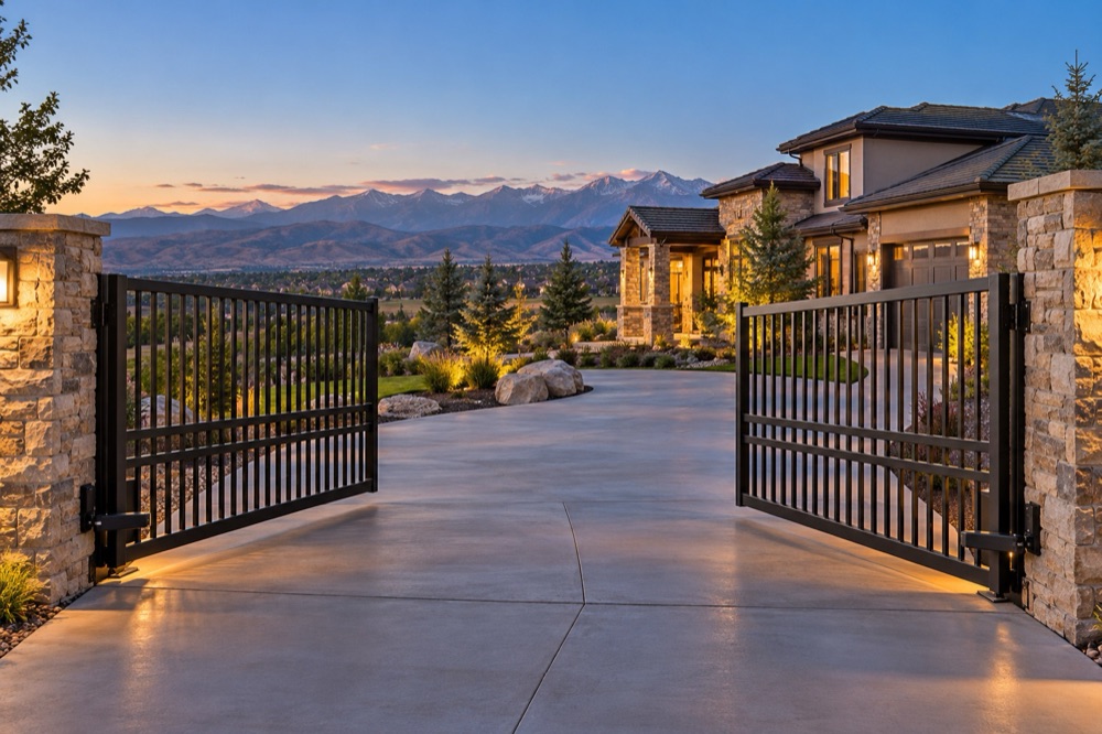 Black steel double swing driveway gate half open between stone pillars at a Front Range home at dusk