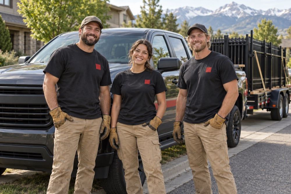 Three smiling fence crew members in black shirts standing in front of a gray pickup with a trailer of steel panels