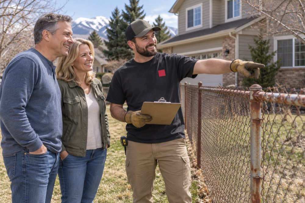 Fence estimator with a clipboard walking an old chain-link fence line with two homeowners