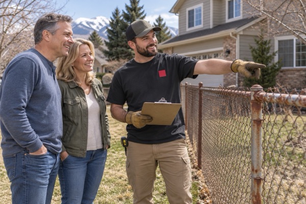 Fence estimator with a clipboard walking an old chain-link fence line with two homeowners