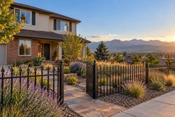 Finished black steel picket fence and open walk gate in front of a two-story home with xeriscape beds