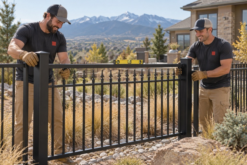 Two installers lining up a black ornamental iron fence panel between square steel posts in a Colorado backyard
