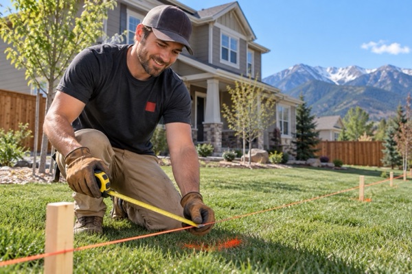 Installer pulling a tape along an orange string line staked across a front lawn to lay out a new fence