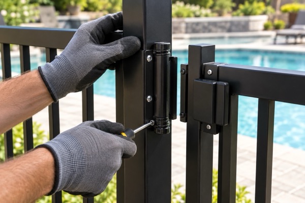 Gloved hands adjusting a self-closing hinge and magnetic latch on a black aluminum pool gate
