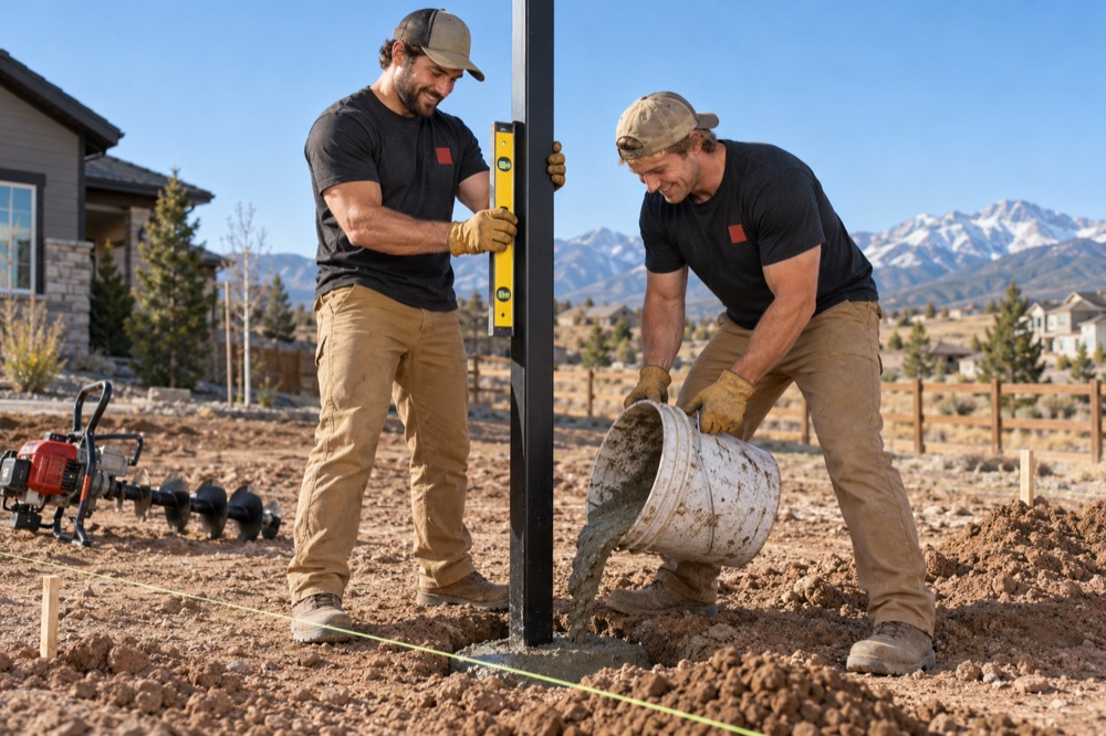 Two installers plumbing a square steel fence post while pouring concrete into the footing hole