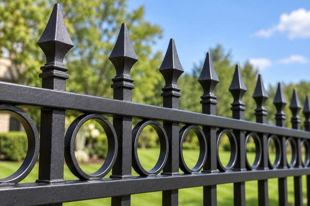 Close view of spear finials and ring accents on a black powder-coated steel fence