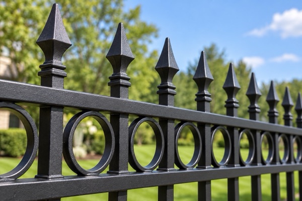 Close view of spear finials and ring accents on a black powder-coated steel fence