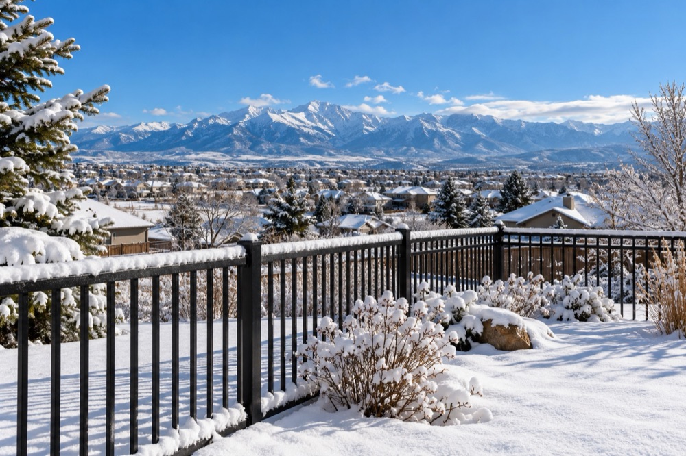 Black powder-coated steel fence with fresh snow on the rail and snow-covered Rockies in the distance