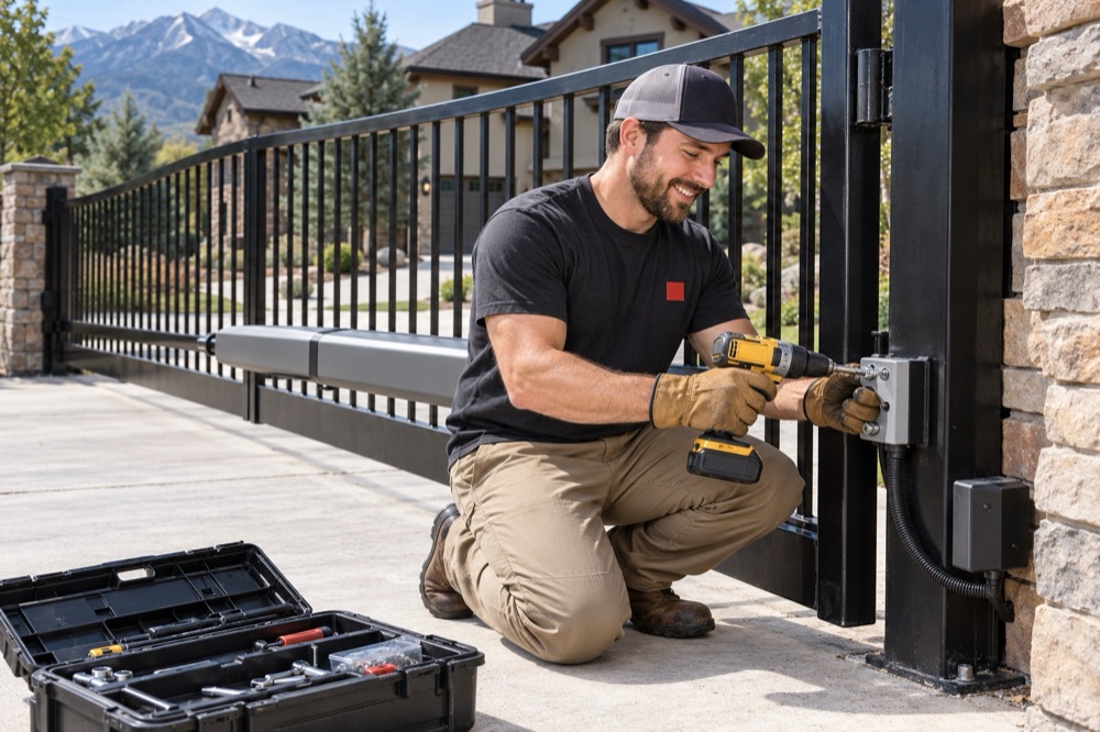 Technician kneeling on a driveway mounting a linear opener arm to a black steel swing gate post