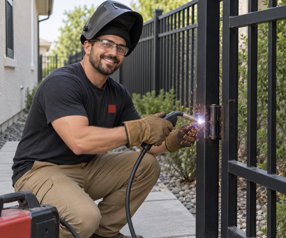 Welder with helmet raised repairing the hinge on a sagging black steel walk gate in a side yard