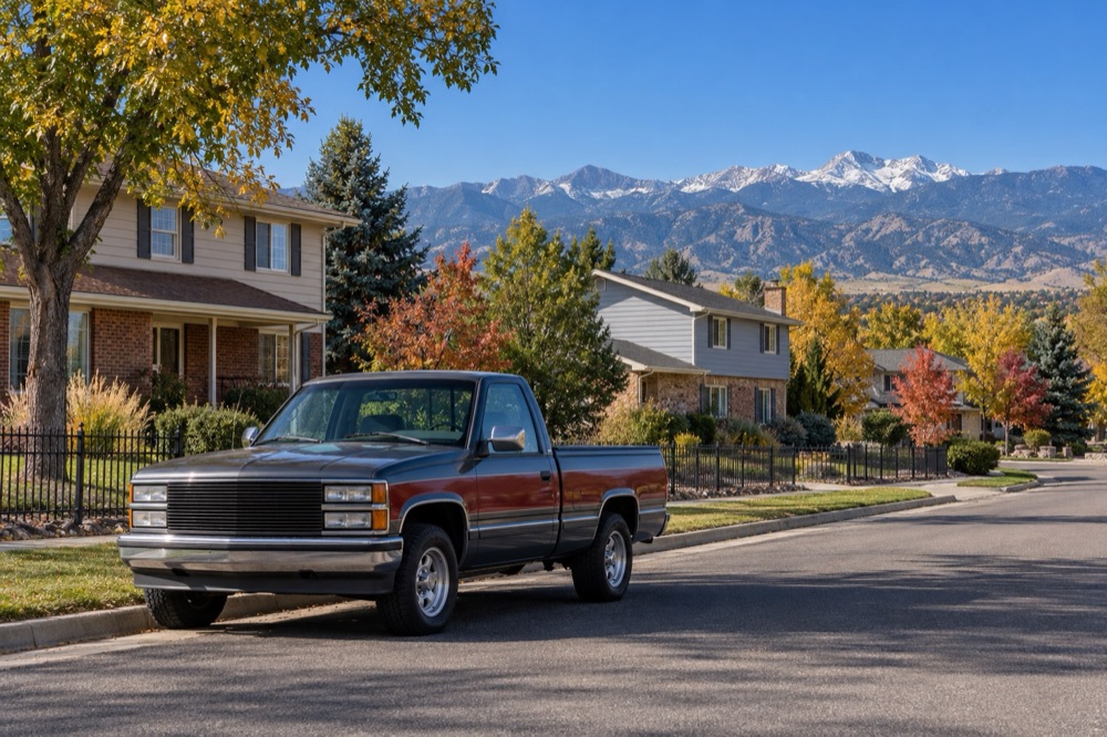 Quiet suburban street of 1970s and 1980s homes with low black metal fences and mountains on the horizon