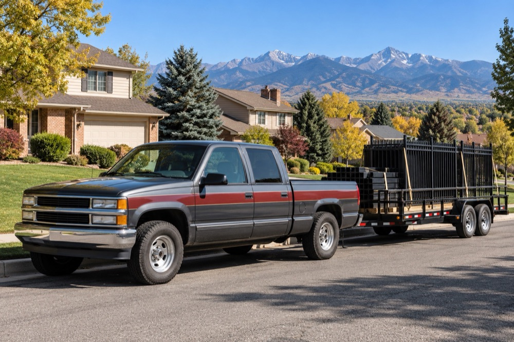 Gray pickup with a red stripe towing a trailer stacked with black steel fence panels on a suburban street